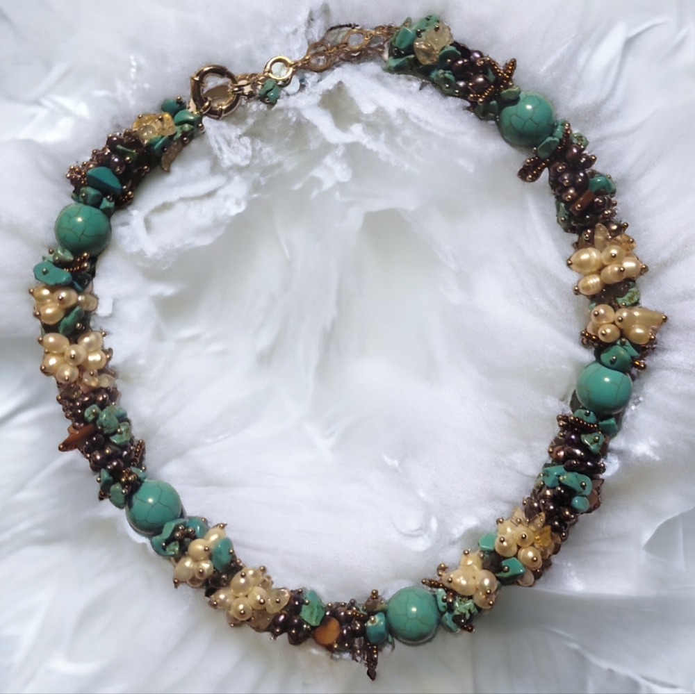 Genuine .925 Sterling Silver Necklace Czech Glass Seed Beads Pearl Turquoise